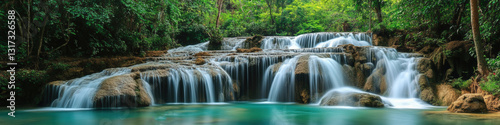 The lush, tropical waterfall landscape featuring multi-tiered cascades flowing over moss-covered rocks into turquoise pools, surrounded by dense, vibrant green forest vegetation. Generative AI