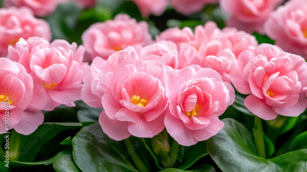 Fototapeta premium Close up view of delicate light pink flowers with yellow centers, lush green foliage, and water droplets.