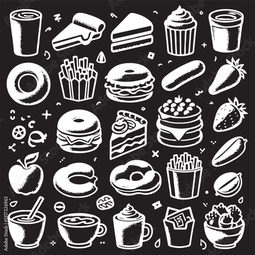 chalk food icon vector illustrations. wedding dinner icons, wine or champagne glass, cheese, and charcuterie drawings for wedding invitations, cafe menus, and parties