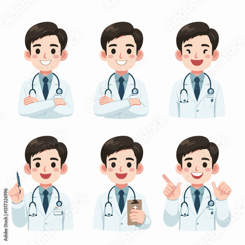 Cartoon doctor in various poses offering medical assistance with warmth