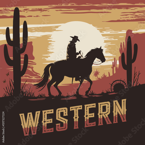 Lone Cowboy at Sunset – Vintage Western Desert Silhouette