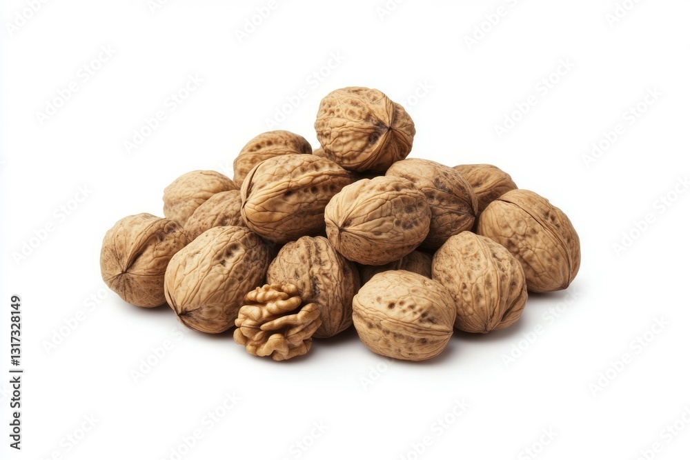 Pile of walnuts on white background nutty texture display. AI generative Pile of walnuts on white background nutty texture display. AI generative