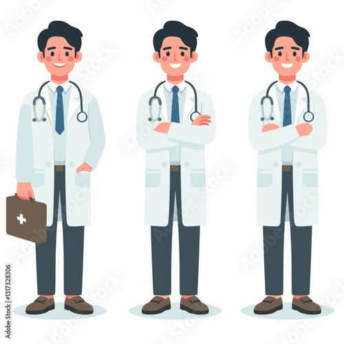 Diverse poses of a friendly cartoon doctor in various scenarios and attire