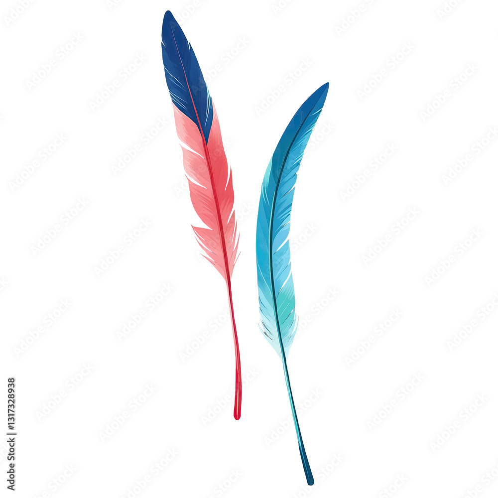 Two illuminated feathers in red and blue hues set against a soft gray background, creating a tranquil and ethereal atmosphere Two illuminated feathers in red and blue hues set against a soft gray background, creating a tranquil and ethereal atmosphere