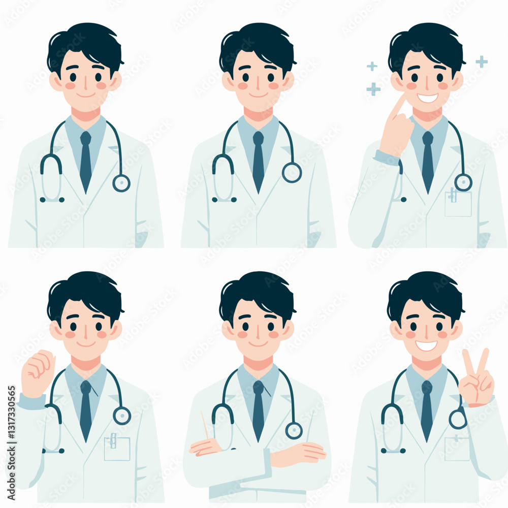 Various Expressions of a Doctor in White Coat Stethoscope Poses Isolated Set Various Expressions of a Doctor in White Coat Stethoscope Poses Isolated Set