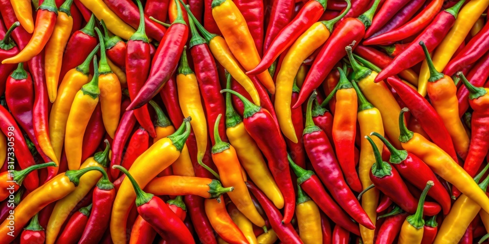A vibrant display of yellow and red chili peppers, their shiny surfaces reflecting the light, creating a captivating pattern of heat and color. A vibrant display of yellow and red chili peppers, their shiny surfaces reflecting the light, creating a captivating pattern of heat and color.