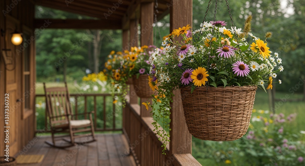 Obraz premium Hanging Flower Baskets Adorning Cozy Porch with Rocking Chairs
