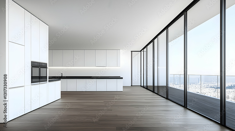 Fototapeta premium Modern white kitchen with city view, minimalist design, spacious, wooden floor, perfect for real estate listings
