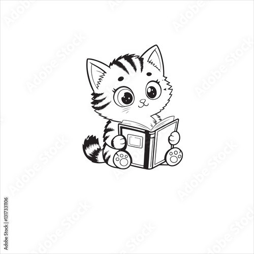 Cute Cartoon Kitten Sticker – Fluffy Gray Tabby Reading a Book