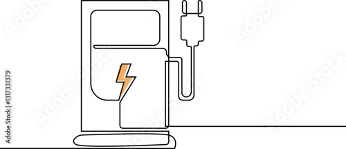 Continuous one line drawing Electric car at charging station. Electric car concept. Single line draw design vector graphic illustration, Continuous One Line Drawing.
