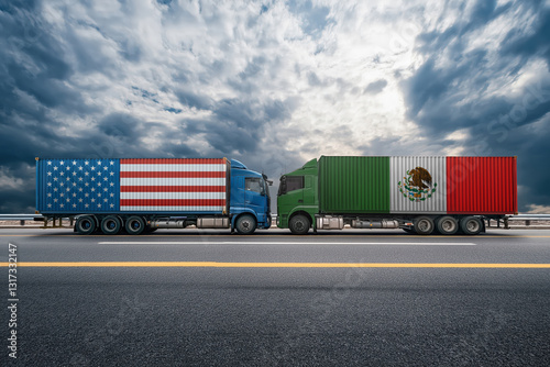 Trucks with american and mexican flags facing each other on a highway