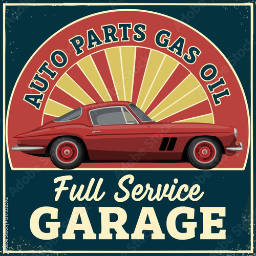 Vintage car service and gas station metal sign. Gas station for car, metal grunge banner vector illustration. EPS 10 version.