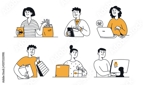 Vector Doodle Set of People Shopping Online with Delivery Concept. Different Characters, Diversity, People Using Mobile Phone, Laptop, PC for Online Shopping