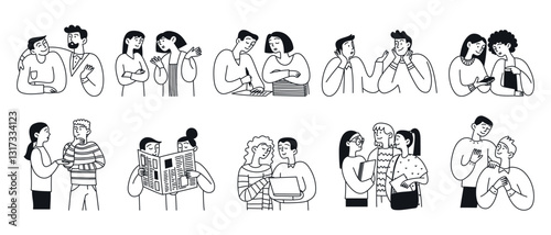 Diverse group of men and women communicating with each other. Set of happy people. Communication concept. Doodle vector illustration