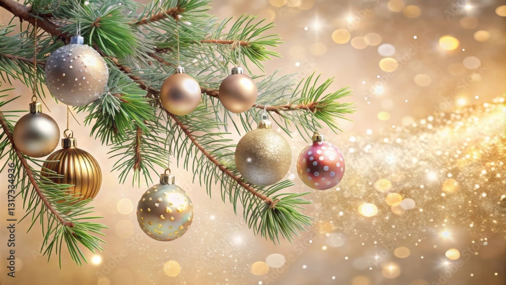 Festive Christmas tree branch adorned with shiny ornaments against a shimmering golden bokeh background. Festive Christmas tree branch adorned with shiny ornaments against a shimmering golden bokeh background.