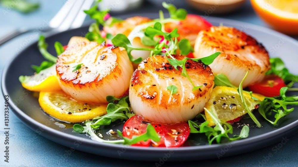 Delicious grilled scallops served with fresh vegetables and herbs on a black plate. Delicious grilled scallops served with fresh vegetables and herbs on a black plate.