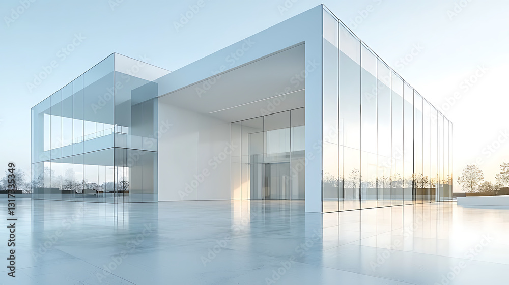 Obraz premium Modern architectural building with clean lines glass facade and expansive outdoor space bathed in soft natural light.