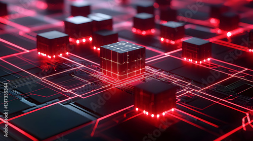 Red And Black Glowing Cubes Interconnected On A Futuristic Circuit Board With A Dark Background Optimized For Adobe Stock Photo