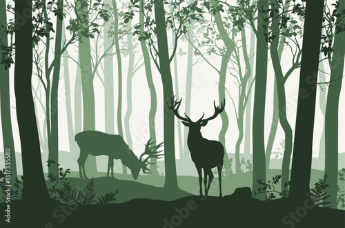 Vector illustration of green forest landscape with trees and two deer