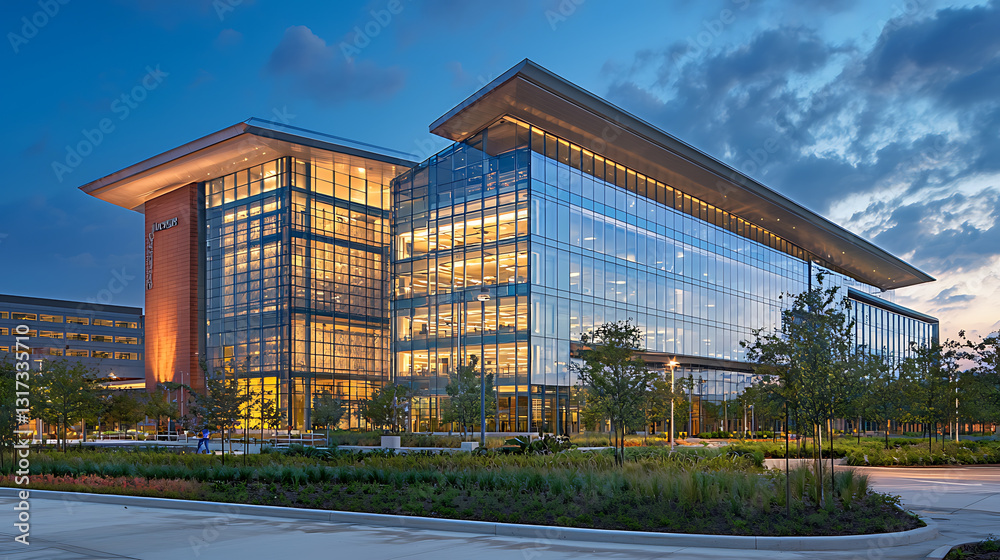 Modern glass office building illuminated at dusk surrounded by landscaped greenery and a parking area under a dramatic sky. Modern glass office building illuminated at dusk surrounded by landscaped greenery and a parking area under a dramatic sky.