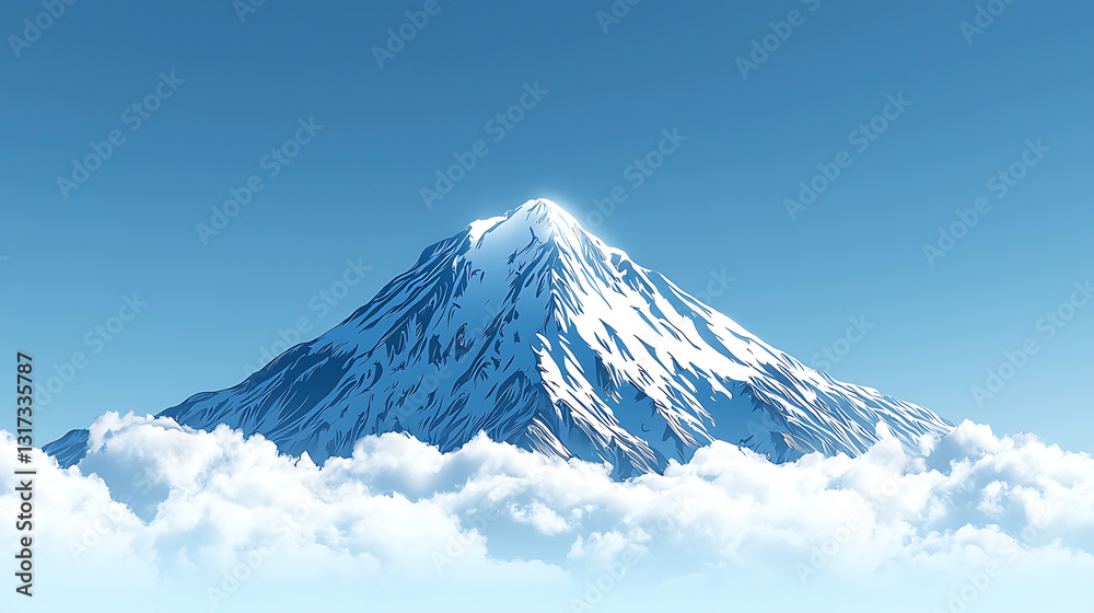 Snow-capped mountain peak piercing through fluffy clouds against a bright blue sky serene and majestic. Snow-capped mountain peak piercing through fluffy clouds against a bright blue sky serene and majestic.