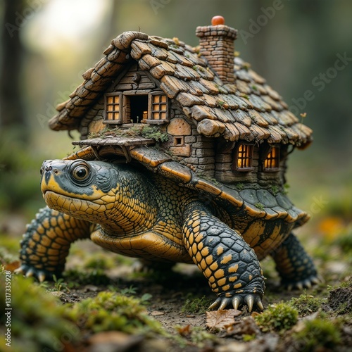 Green turtle with a fancy house-shaped shell photo