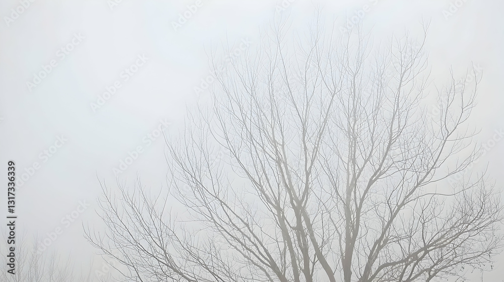 Foggy winter day, bare tree branches, misty landscape background, nature scene for website or calendar Foggy winter day, bare tree branches, misty landscape background, nature scene for website or calendar