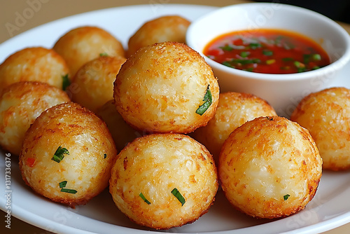 Golden fried dough balls with herbs served with a spicy red dipping sauce.
