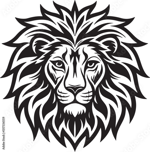 Black and White Lion Head Vector Illustration – Tribal Symmetrical Design with Bold Lines