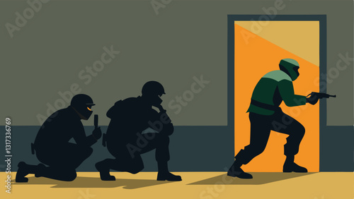 Tactical Team Formation A group of four shadowy figures in tactical gear crouched behind a wall planning their entry as they prepare to breach the door.