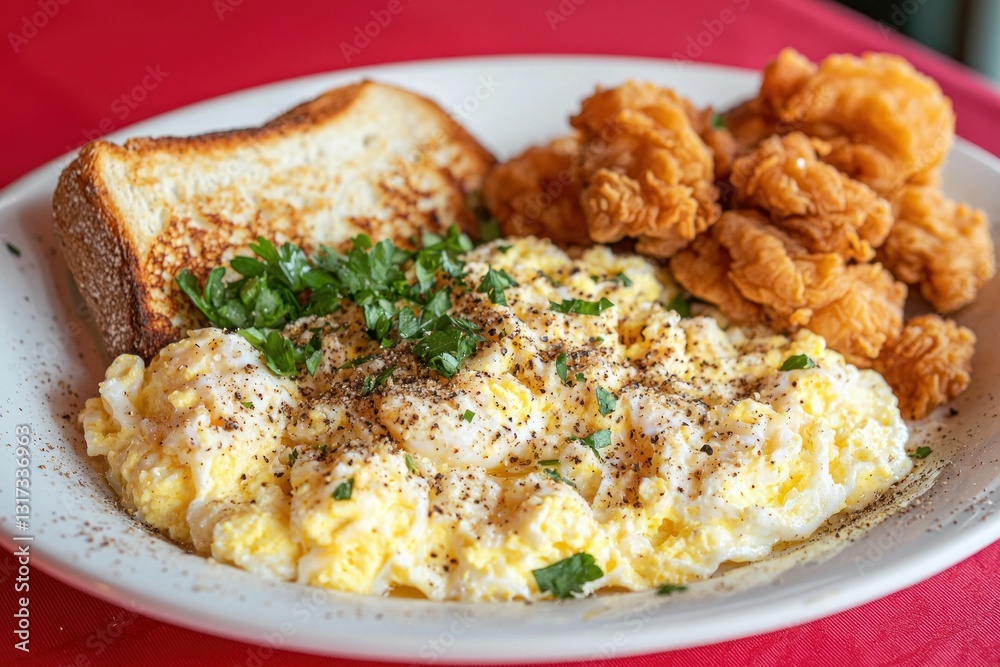 Breakfast plate scrambled eggs, fried bites, toast, parsley Breakfast plate scrambled eggs, fried bites, toast, parsley