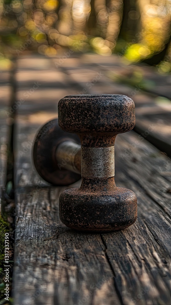 Rusty dumbbell on wooden path, forest background; outdoor fitness Rusty dumbbell on wooden path, forest background; outdoor fitness