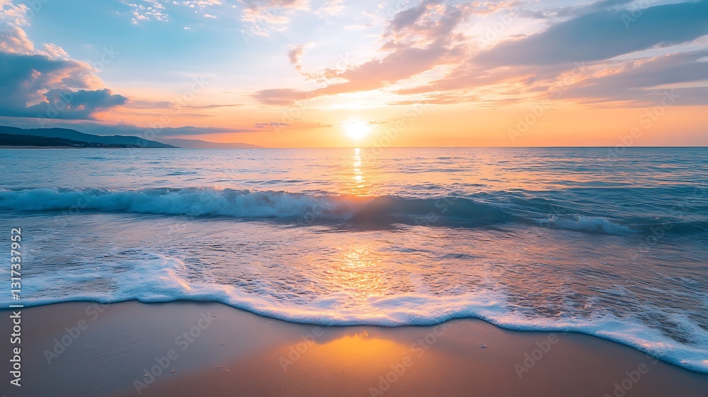 Fototapeta premium Golden Hour Beach: Serene Ocean Waves and Beautiful Sunset Scenery Perfect for Wallpaper or Backgrounds.