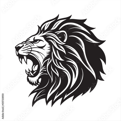 Bold Black and White Roaring Lion Head Vector Illustration