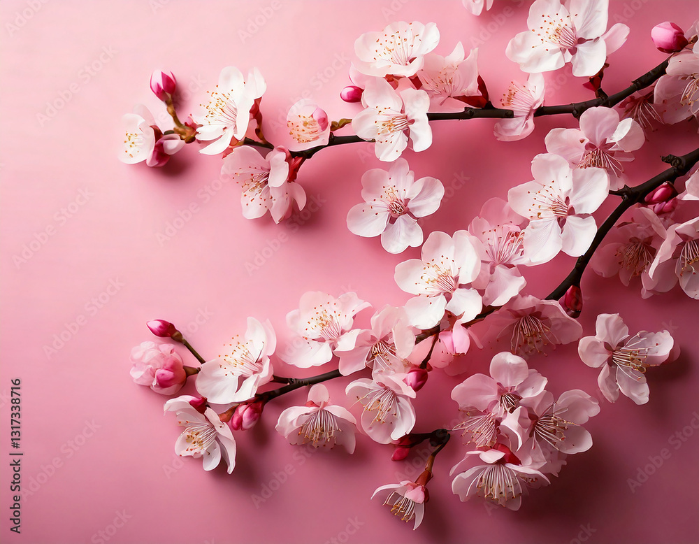Obraz premium Zarte Kirschblüten auf pastellrosa Hintergrund – Elegante Frühlingsblüten in minimalistischer Komposition