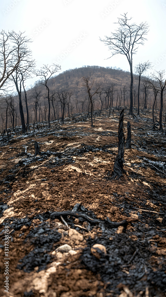 Forest after wildfire devastation. Burnt earth and trees Forest after wildfire devastation. Burnt earth and trees
