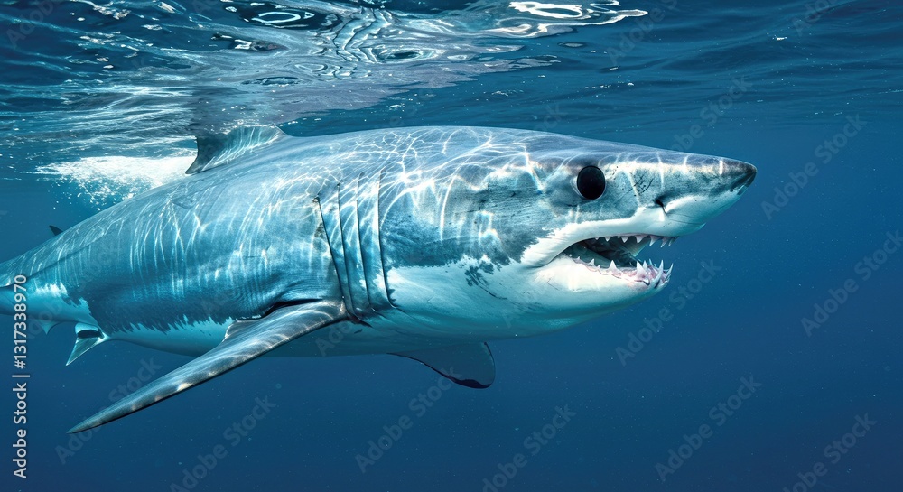 Naklejka premium A close-up of a sleek, giant mako shark,