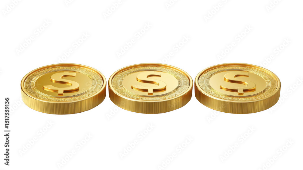 Three Gold Coins with Dollar Symbol Isolated on White Background Three Gold Coins with Dollar Symbol Isolated on White Background