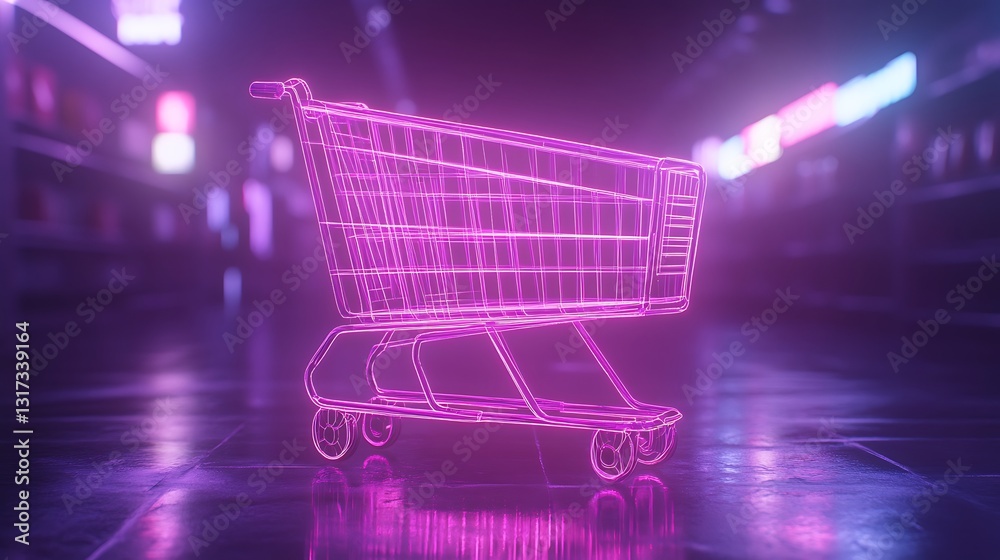 A wireframe shopping cart outlined with glowing neon edges, soft pastel purple background, futuristic cyber aesthetics, crisp details, glowing reflections, professional product visualization, A wireframe shopping cart outlined with glowing neon edges, soft pastel purple background, futuristic cyber aesthetics, crisp details, glowing reflections, professional product visualization,