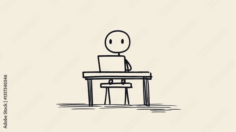 Stick Figure Working at Desk on Laptop in Minimalistic Style for Creative and Simple Illustrations Stick Figure Working at Desk on Laptop in Minimalistic Style for Creative and Simple Illustrations