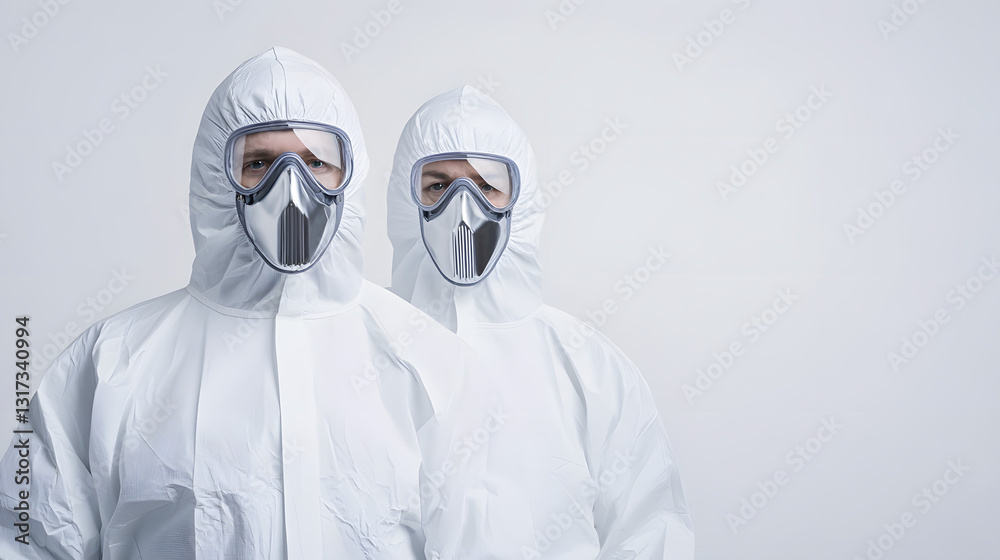 Two people in white hazmat suits with silver reflective accents, symbolizing protection in hazardous environments.
Two people in white hazmat suits with silver reflective accents, symbolizing protection in hazardous environments.