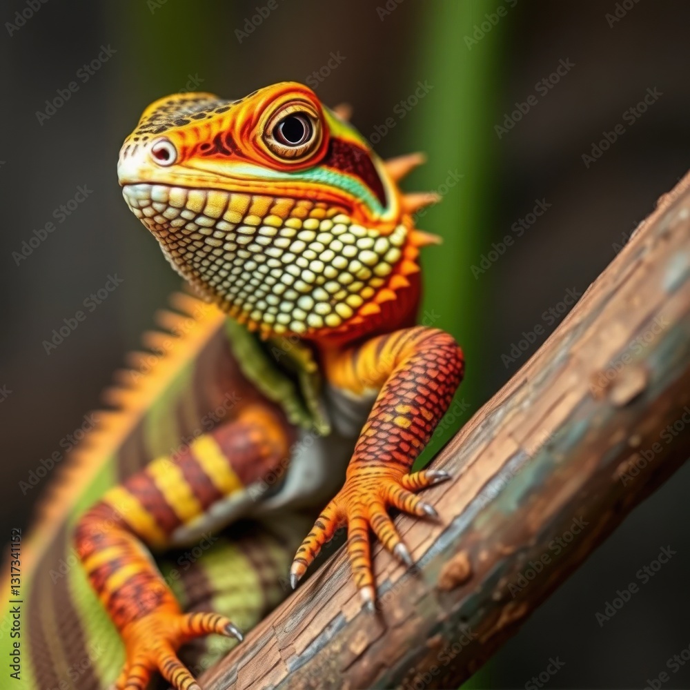 Fototapeta premium Vibrant Orange and Yellow Lizard Perched on a Branch