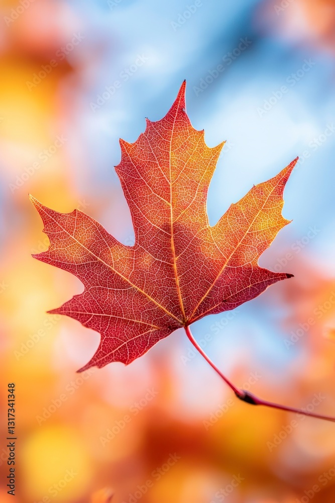A close-up of an autumn maple leaf vibrant in red and orange hues A close-up of an autumn maple leaf vibrant in red and orange hues