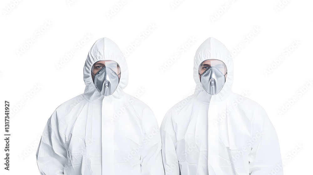 Two people in white hazmat suits with silver reflective accents, symbolizing protection in hazardous environments.
Two people in white hazmat suits with silver reflective accents, symbolizing protection in hazardous environments.
