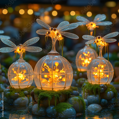 Magical dragonfly lanterns illuminate a decorative garden. The lanterns have intricate glass globes and glowing lights, creating an enchanting scene.