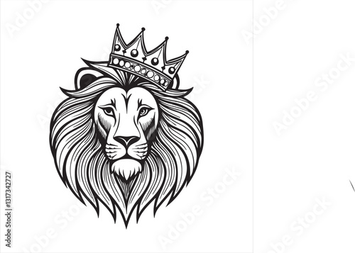 Regal Lion Head Line Art with Crown – Black and White Minimalist Illustration