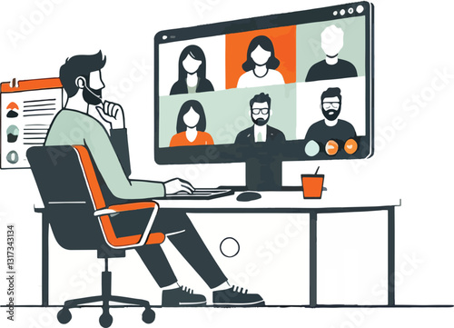 Remote Team Meeting .A person participating in a virtual team chat. the computer screen displays multiple team members in a video call . 