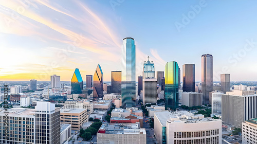 Vibrant Dallas Cityscape During Golden Hour With Modern Skyscrapers and Office Towers