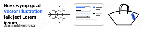 Geometric snowflake, digital document interface, and handbag with a tag. Ideal for winter, data analysis, e-commerce, organization, retail, style trends and a flat landing page banner