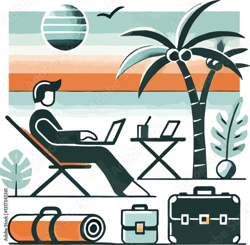 Remote Work Paradise . The image features a person sitting on a chair at the beach, working . 